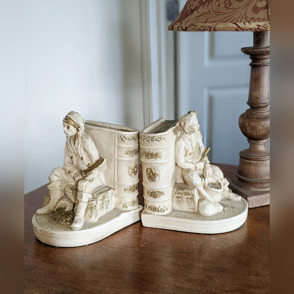 Elegant Vintage 1962 Cream Bookend Set with Pirate Figures